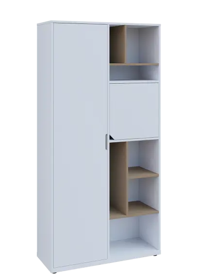 KSR6-83 L skříň šatní, 1x výsuvné ramínko, dvířka, niky, 2053x1022x400 mm, provedení levé, korpus a dvířka bílá sněžná/police latte